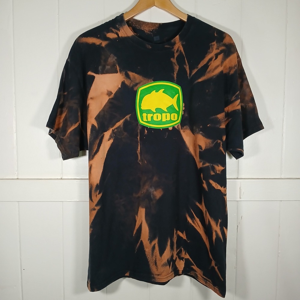 Tropo Hawaii Fishing T-Shirt Mens XL Black Bleach Tie Dye Graphic Tee Hanes